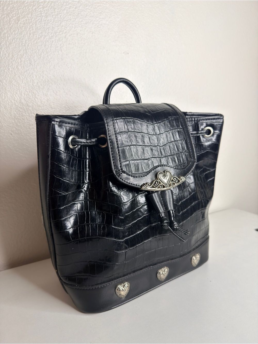 Black Croc-Embossed Faux Leather 90’s Y2K Backpack with Decorative Hardware New